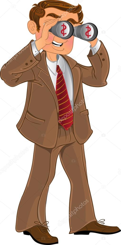 Businessman in brown suit with binoculars look on money