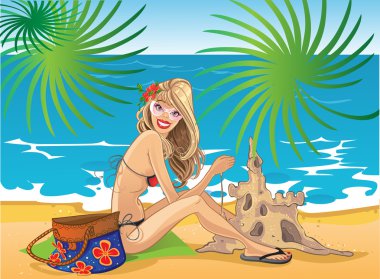 plaj sevimli sarışın bir kadın kum bir kale inşa