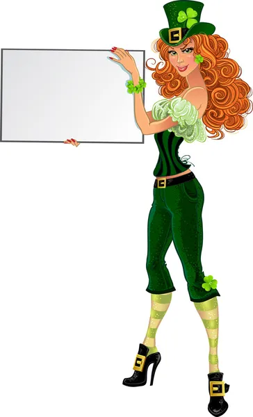 Sexy chica duende en traje verde con pancarta pequeña para el texto. versión raster — Archivo Imágenes Vectoriales