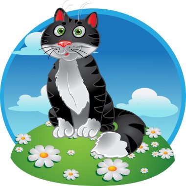 renkli arka plan üzerinde siyah komik oturan kedi