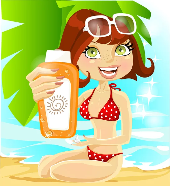 Woman presents cream for sunburn on sea and palm background — Stock Vector