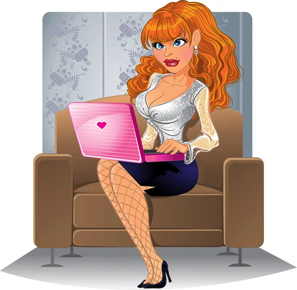 Blond girl with computer on the brown armchair — Stock Vector