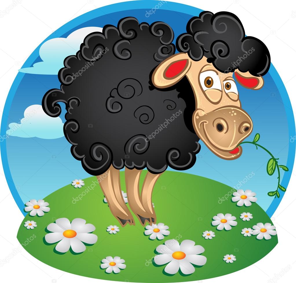 Black dark sheep with blade of grass on color background