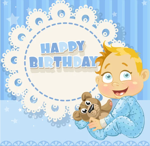 Happy Birthday blue openwork card for your greetings to baby boy — Stock Vector