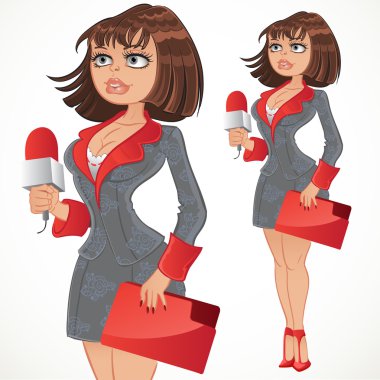 Reporter girl in gray suit with red folder clipart