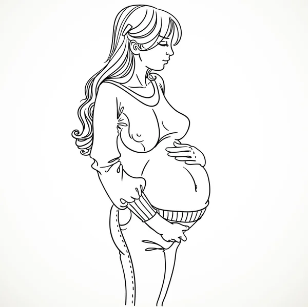 Embarazada joven hermosa mujer contorno negro para colorear — Vector de stock