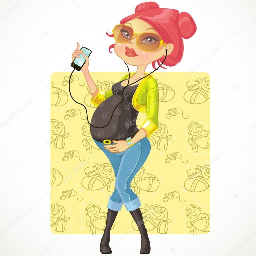 Pretty pregnant woman with phone on baby background