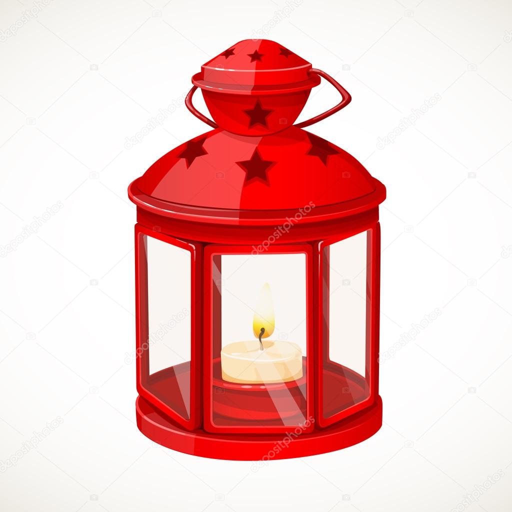 Red festive lantern with a candle inside isolated on white background