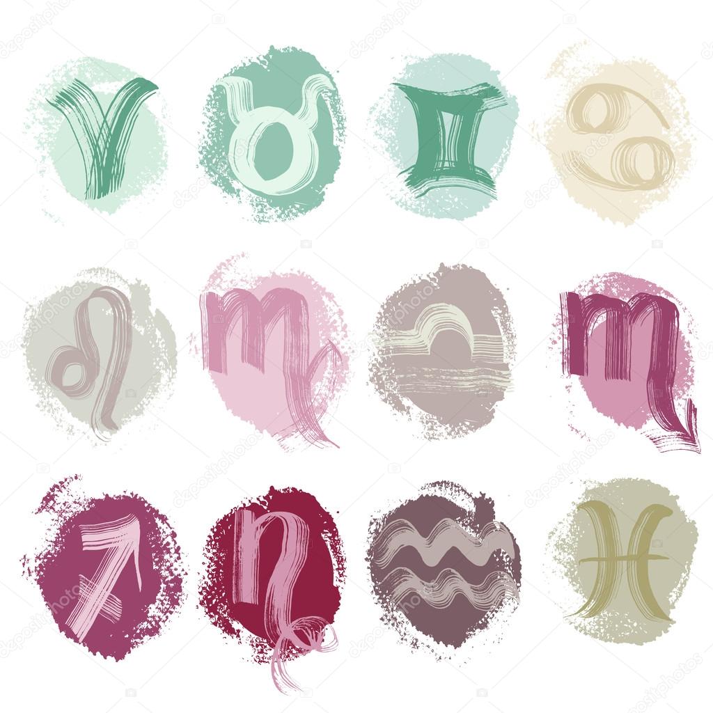 Zodiac signs painted with a brush on color abstract backgrounds