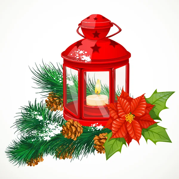 Linterna de la Navidad con una vela en la rama de abeto — Vector de stock