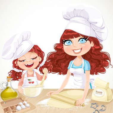 sevimli kıvırcık saçlı anne ve kızım WHI izole Kurabiye Pişirme
