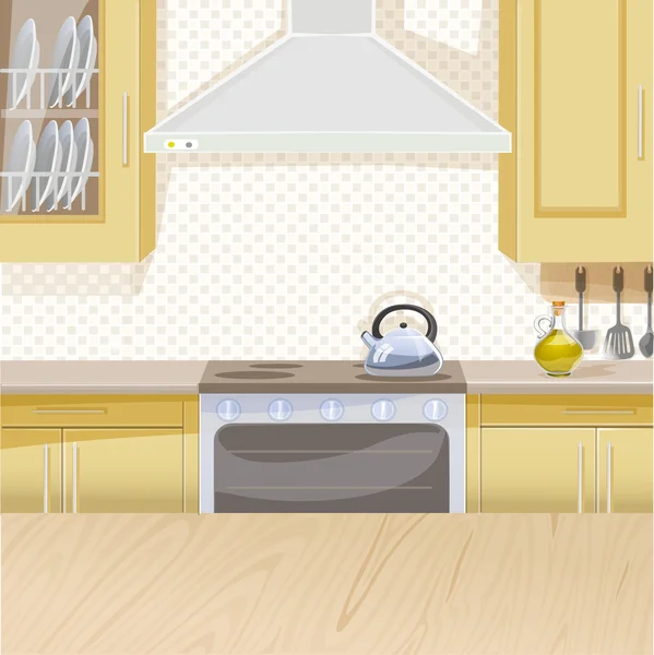 Interior color beige de cocina con fogones y alacenas — Vector de stock