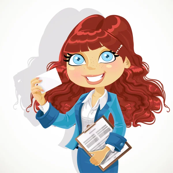Cute curl hair business woman with documents showing business ca — Stock Vector