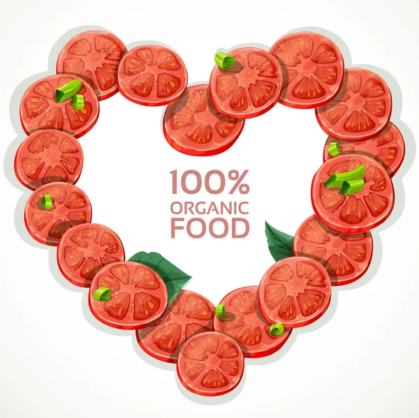 Frame in heart shape from fresh tomato slices sprinkled with her — Stock Vector