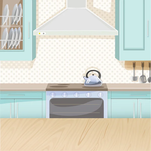 Interior de cocina en color azul con estufa y armarios — Vector de stock