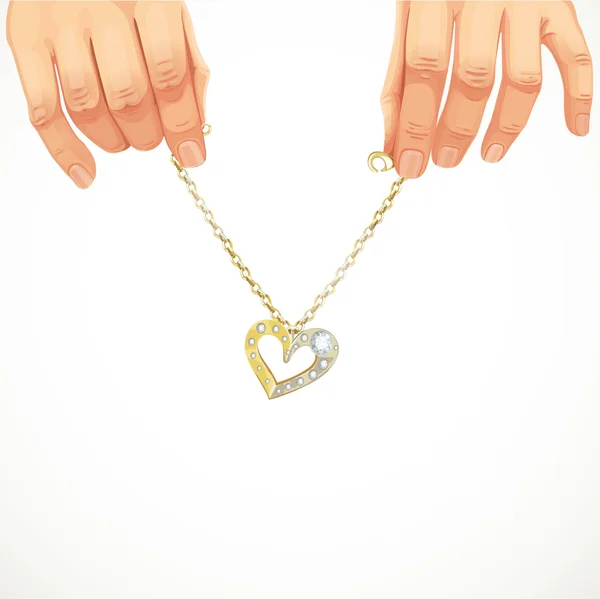 Ingenio masculinas manos sosteniendo una pulsera de cadena de oro con colgante de corazón, — Vector de stock