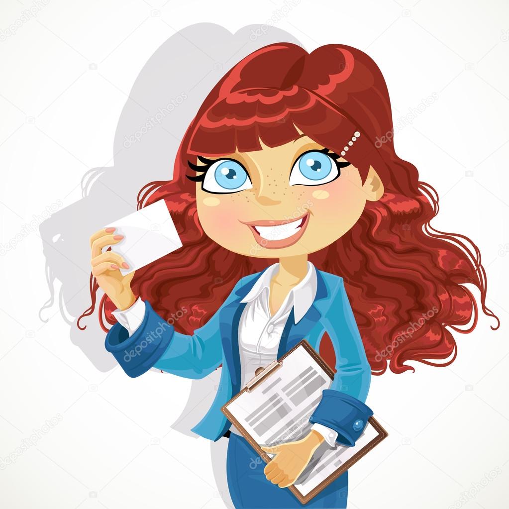 Cute curl hair business woman with documents showing business ca