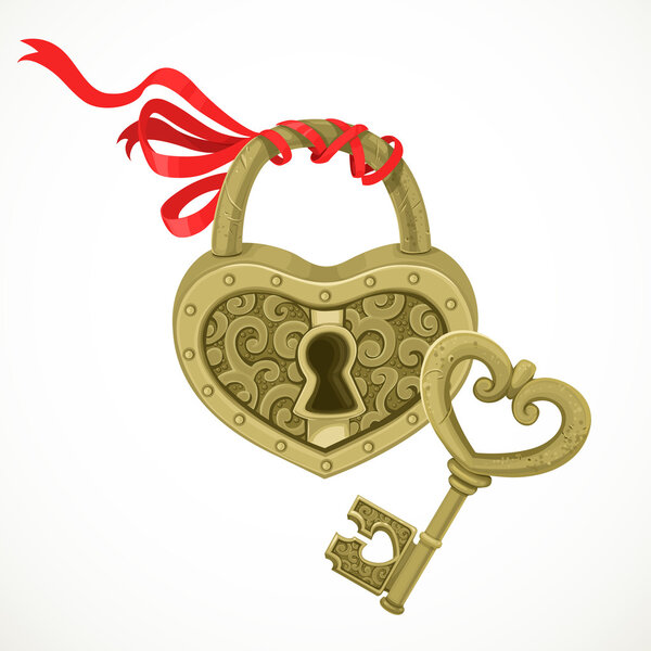 Heart shaped lock and key to it isolated on white background