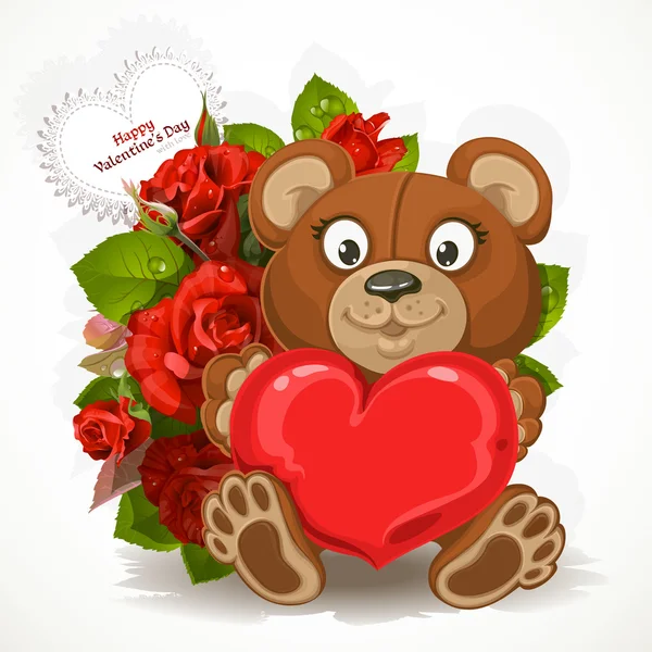 Ours en peluche tenant un coeur avec un bouquet de fleurs et valenti — Image vectorielle