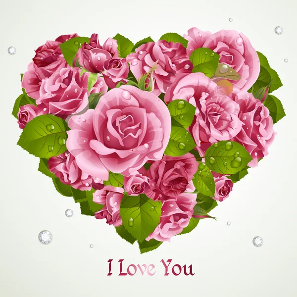 Heart from pink roses Valentines day card — Stock Vector