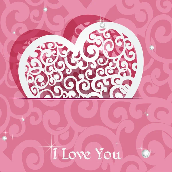 Pink heart applique Valentine card — Stock Vector