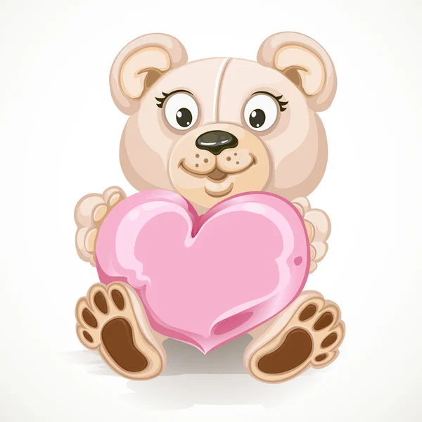 Oso de peluche con un corazón rosa — Vector de stock