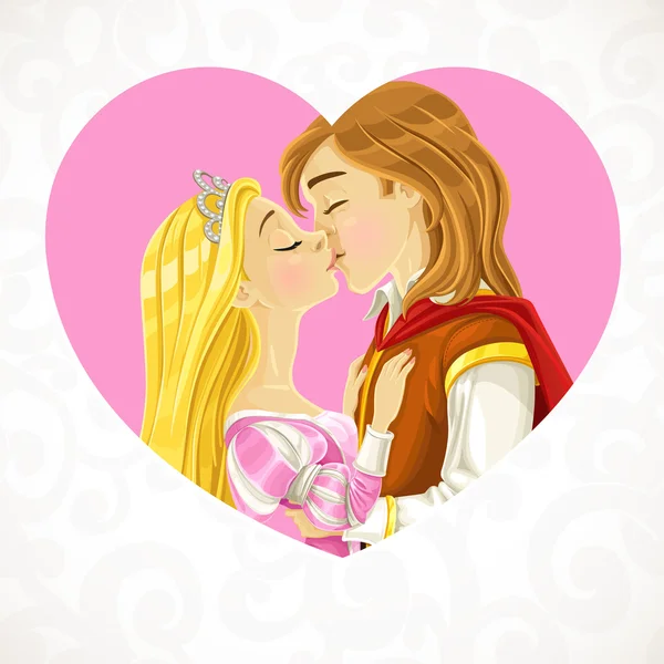 Prince Charming kisses the cute princess card — Stock Vector