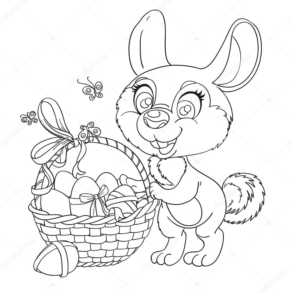 Niedlicher Osterhase mit einem Korb voller Eier