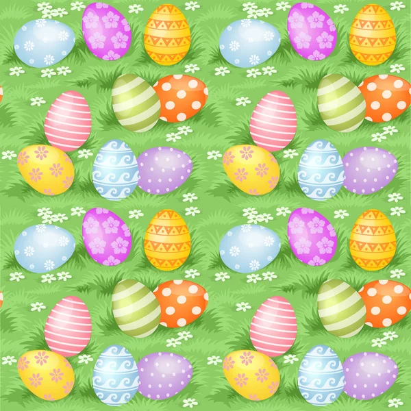 Multi-barevné velikonoční vajíčka ukrytá v zelené trávě — Stockový vektor