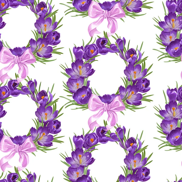 Seamless pattern from wreath of purple crocus — Stock Vector
