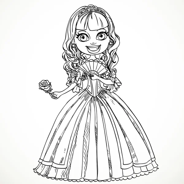 Bella principessa in un vestito con una rosa nella sua mano schizzo — Vettoriale Stock