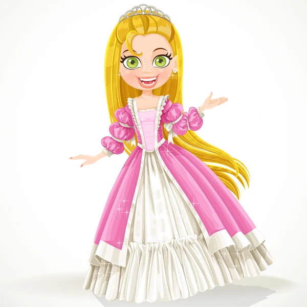 Słodkie młoda księżniczka z długimi włosami w różowej sukience — Wektor stockowy