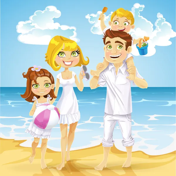 日当たりの良い海のビーチで小さな子ども連れの家族 — ストックベクタ
