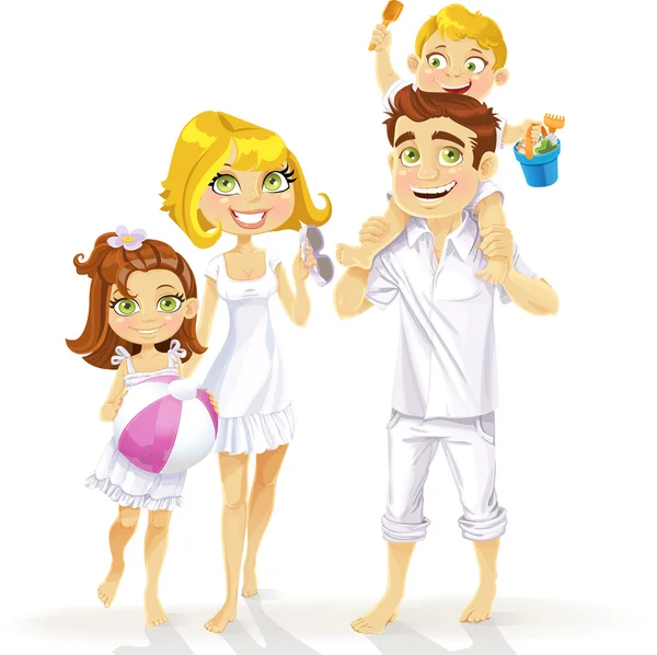 Familia con niños listos para unas vacaciones de playa — Vector de stock