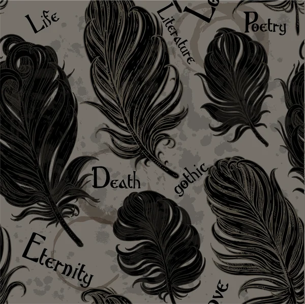 Gotische naadloze romantische achtergrond van zwarte vogel veren — Stockvector