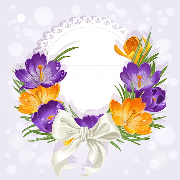 Card with crocuses and ribbon — Stock Vector