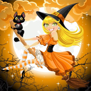 Cadılar Bayramı'nda bir süpürgeyle uçan cadı할로윈에는 빗자루에 비행 마녀