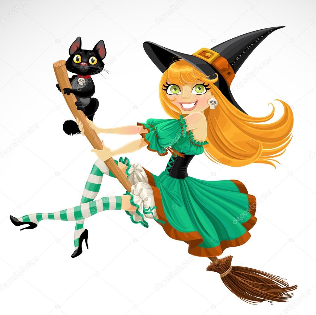Witch flying on a broomstick on Halloween
