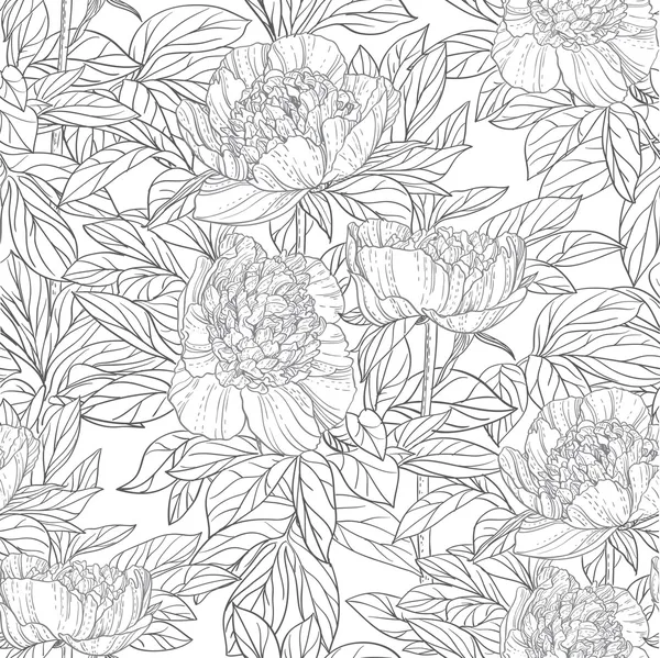 Seamless pattern of flowers peonies black and white graphics — Stock Vector