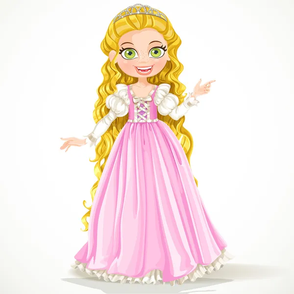 Unga prinsessan med långt hår i rosa klänning — Stock vektor