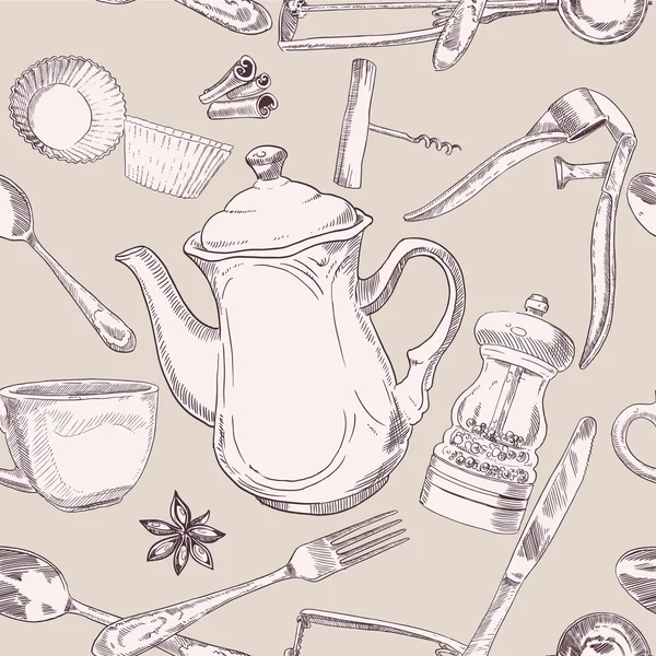 Color beige de patrones sin fisuras de utensilios de cocina — Archivo Imágenes Vectoriales