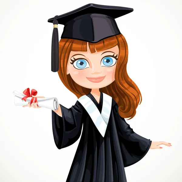 Dívka v šatech absolvent drží svitek diplom — Stockový vektor