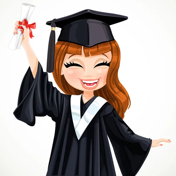 Chica en postgrado vestido sosteniendo diploma de desplazamiento — Vector de stock