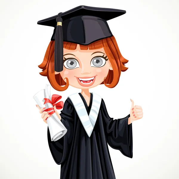 Chica en postgrado vestido sosteniendo un diploma de desplazamiento — Vector de stock