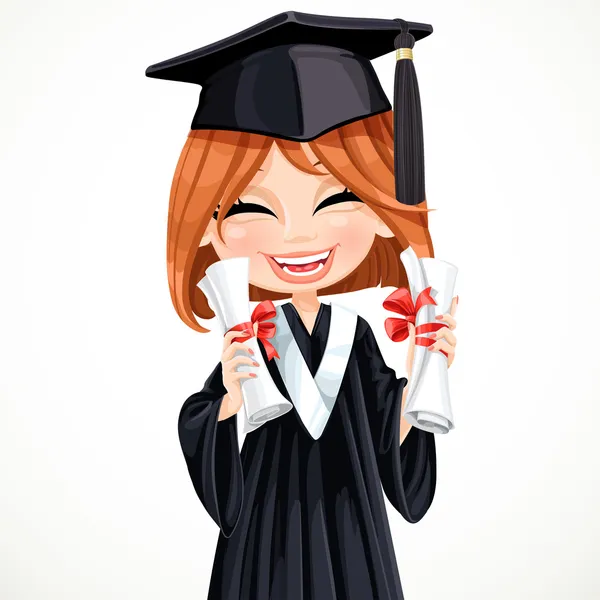 Estudante garota segurando dois diplomas — Vetor de Stock
