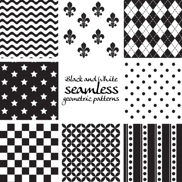 黒と白のシームレスな幾何学的なパターンのセット — ストックベクタ
