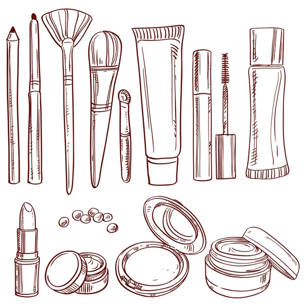 Conjunto de desenhos em lápis cosméticos, escova, blush e batom — Vetor de Stock