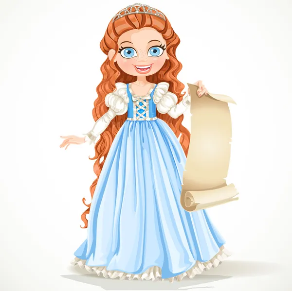 Princesse en robe bleue contenant une feuille vierge — Image vectorielle