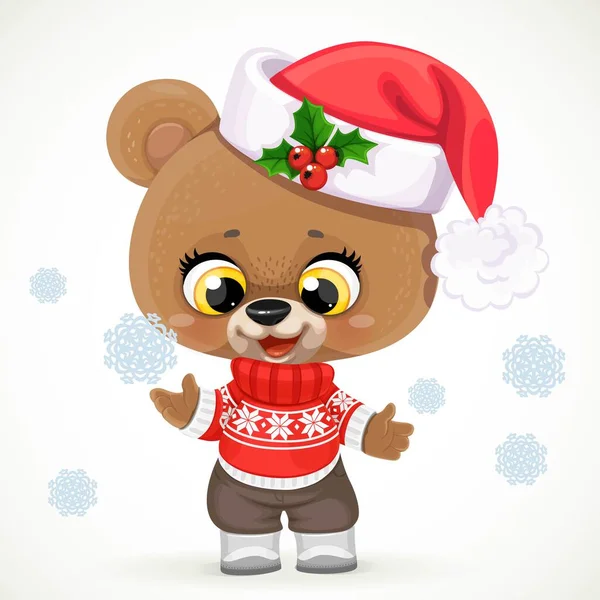 Χαριτωμένο Αρκουδάκι Κινουμένων Σχεδίων Χριστουγεννιάτικο Πουλόβερ Και Santas Κόκκινο Καπέλο — Διανυσματικό Αρχείο