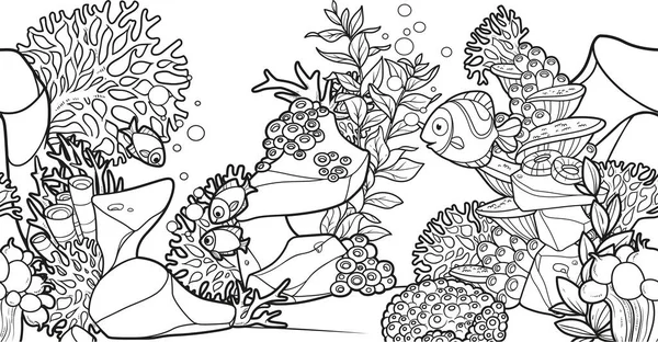 Yatay arkaplan deniz yatağı ve yerli balıklardan, mercanlardan, şakayıklardan ve deniz yosunlarından renklendirme sayfası için doğrusal çizim